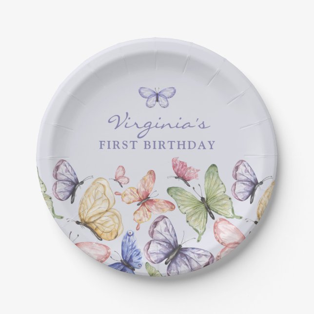 Purple Butterfly Birthday Paper Plate (Front)