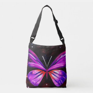 Purple butterfly black galactic background  crossbody bag
