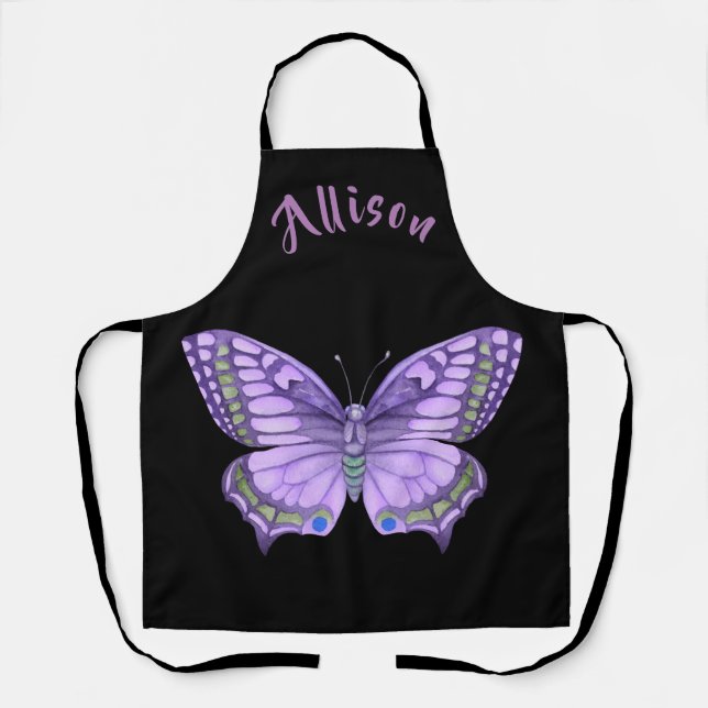 Purple Butterfly Black Women's Name Apron (Front)