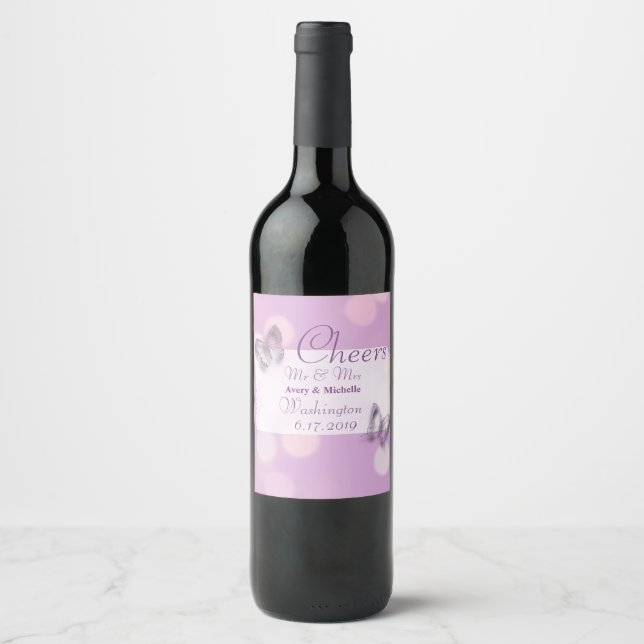 Purple Butterfly Customized Wedding Wine Label (Front)