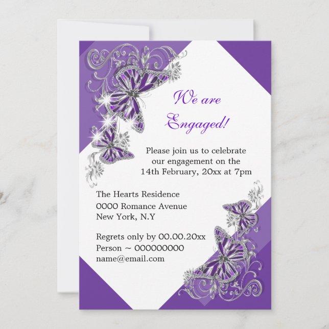 Purple butterfly engagement wedding anniversary invitation (Front)