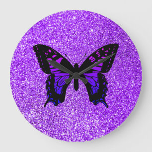 Purple Butterfly Faux Violet Girly Glitter Large Clock