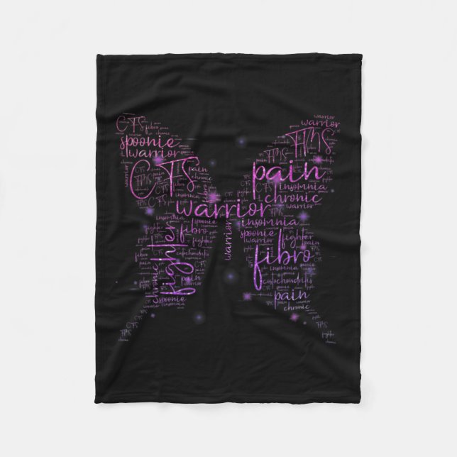 Purple Butterfly Fibro Warrior Awareness Word Clou Fleece Blanket (Front)