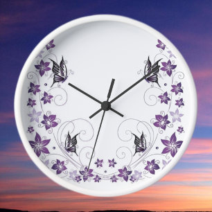 Purple Butterfly floral Acrylic Wall Clock