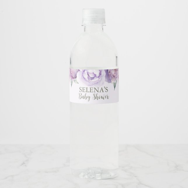 Purple Butterfly Floral Baby Shower Custom Water Bottle Label (Front)
