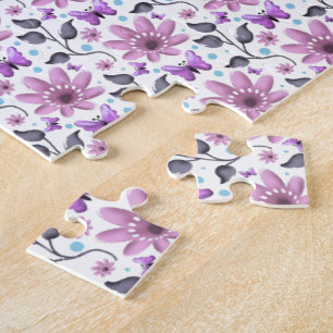 Purple Butterfly Floral Pattern Cute Cottagecore Jigsaw Puzzle