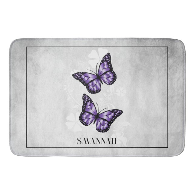 Purple Butterfly Floral Personalized Bath Mat (Front)