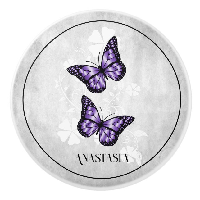 Purple Butterfly Floral Personalized Ceramic Knob (Front)
