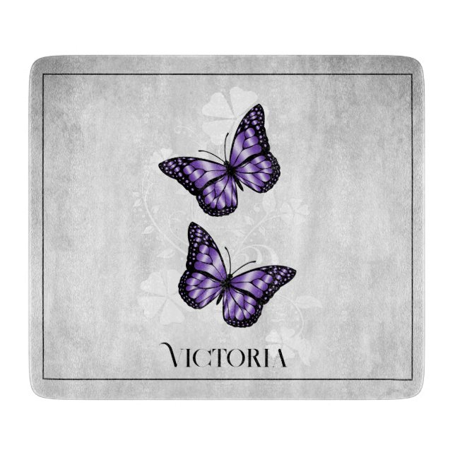Purple Butterfly Floral Personalized Cutting Board (Front)