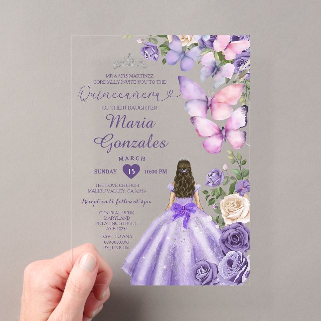 Purple Butterfly Floral Princess Dress Quinceañera Acrylic Invitations (Insitu (Handheld))