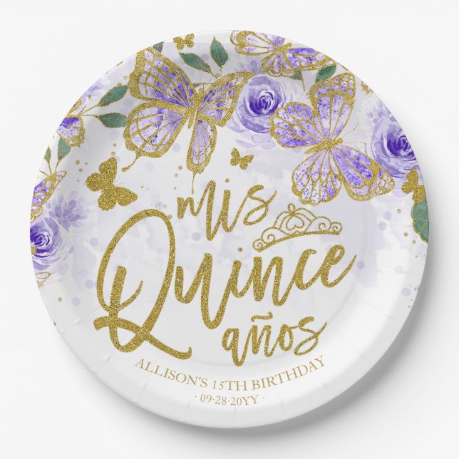 Purple Butterfly Floral Quinceanera Party Paper Plate (Front)