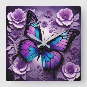 Purple Butterfly Floral  Square Wall Clock