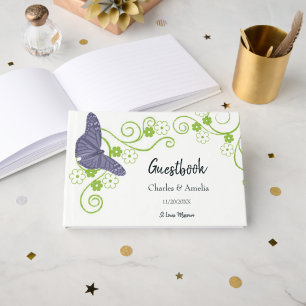 Purple Butterfly Floral Wedding Day Guestbook