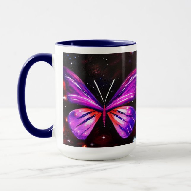 Purple butterfly galactic black background  mug (Left)