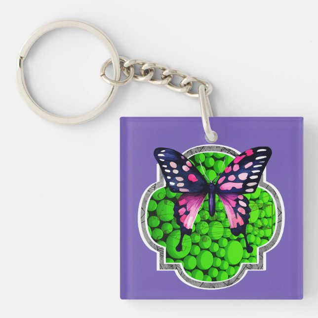 Purple Butterfly, Green Dots, Astrology Keychain (Front)