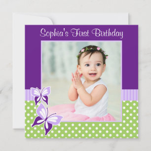 Purple Butterfly Green Polka Dot Birthday Photo Invitation