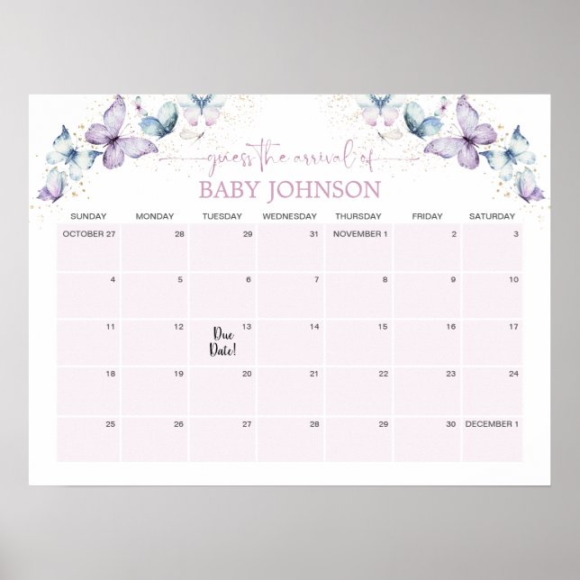 Purple Butterfly Guess The Due Date Calendar Poster (Front)
