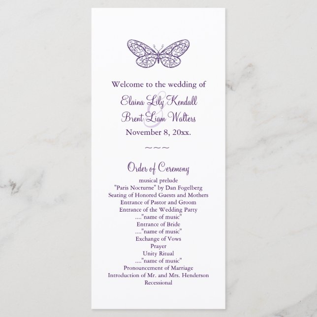 Purple Butterfly Kisses Wedding Program (Front)