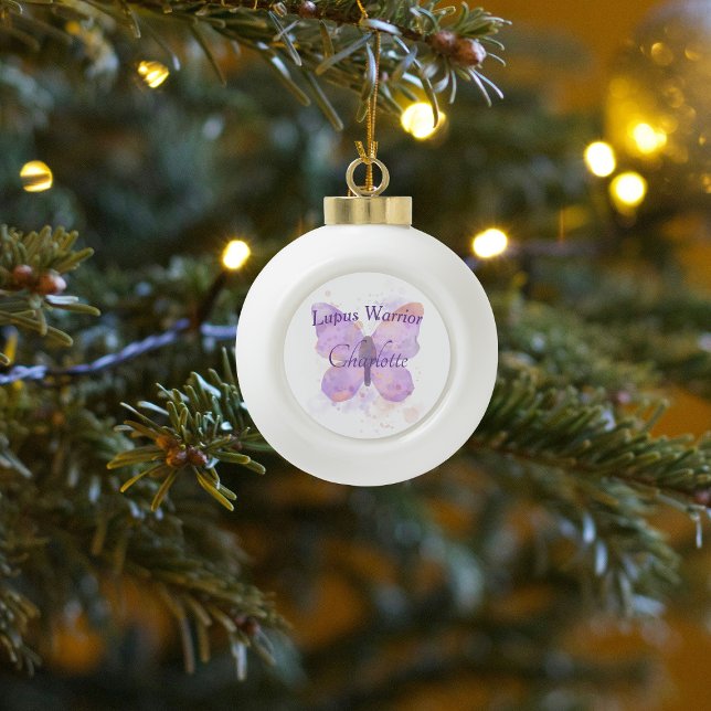 Purple Butterfly Lupus Warrior   Ceramic Ball Christmas Ornament (Creator Uploaded)