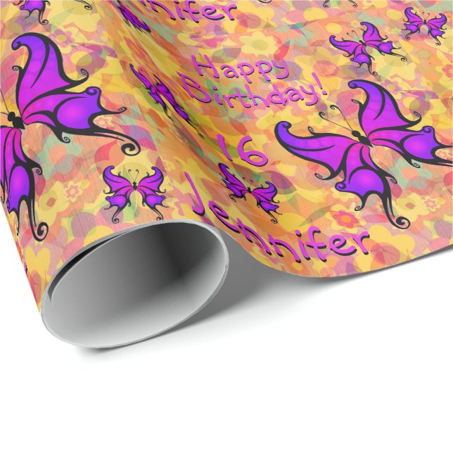 Purple Butterfly Personalize Name Age Roll of Wrapping Paper (Roll Corner)