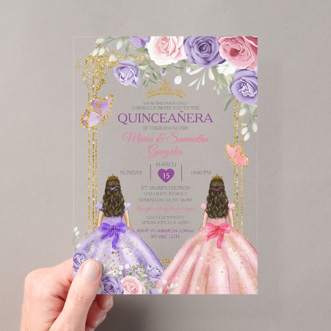 Purple Butterfly Pink Floral Twin Gold Quinceañera Acrylic Invitations (Insitu (Handheld))