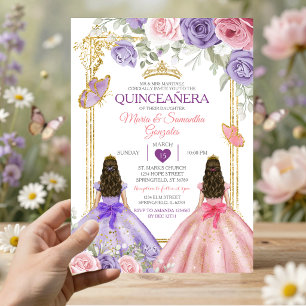 Purple Butterfly Pink Floral Twin Gold Quinceañera Invitation