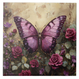 Purple Butterfly Rose Bush Painting Tile