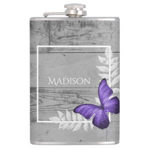 Purple Butterfly Rustic Flask