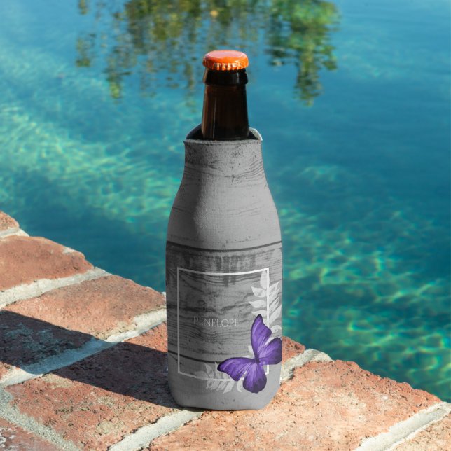 Purple Butterfly Rustic Personalized Bottle Cooler (In Situ Pool)