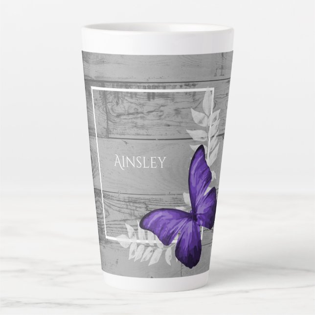 Purple Butterfly Rustic Personalized Latte Mug (Front)