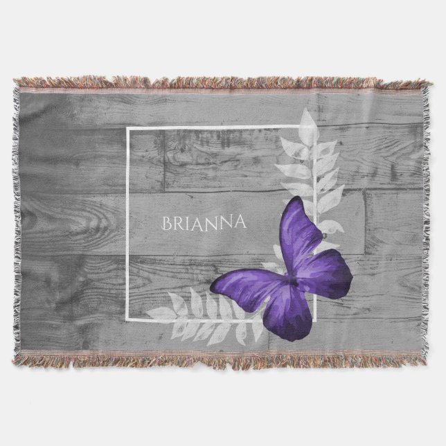 Purple Butterfly Rustic Personalized Throw Blanket (Front)