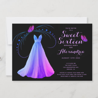 Purple Butterfly Sweet Sixteen 16 Birthday Invitation