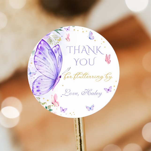 Purple Butterfly Thank You Fluttering By Birthday Classic Round Sticker (Creator Uploaded)