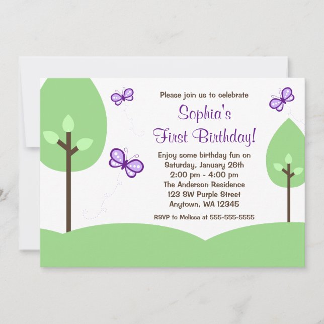 Purple Butterfly Trees Girl Birthday Invitation (Front)