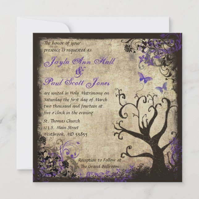 Purple Butterfly Vintage Wedding Invitation (Front)