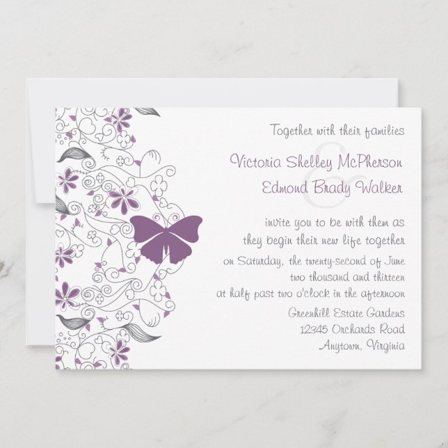 Purple Butterfly Whimsy Wedding Invitation (Front)