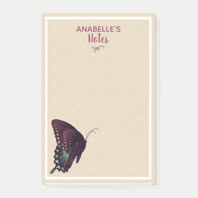 Purple Butterfly & White Dots Personalized Post-it Notes (Front)
