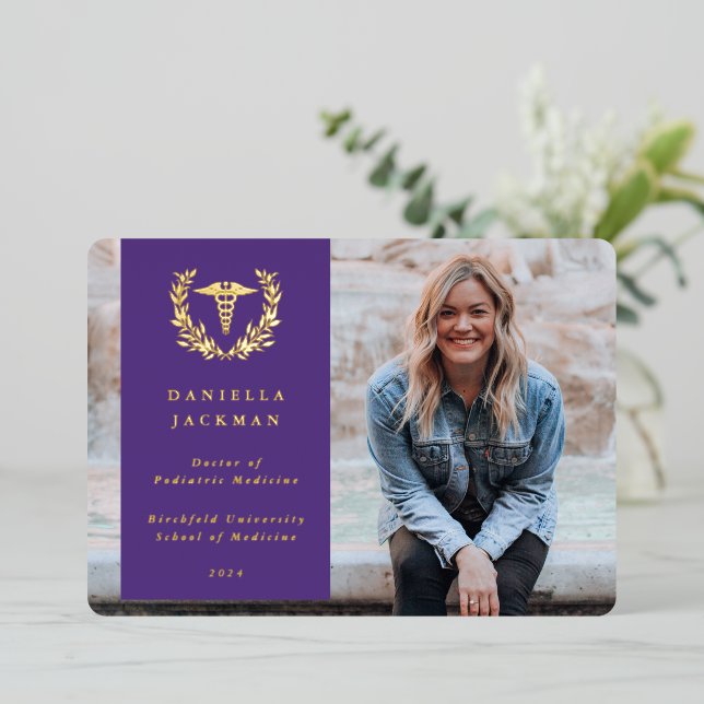 Purple Caduceus Medical Graduation Announcement (Standing Front)