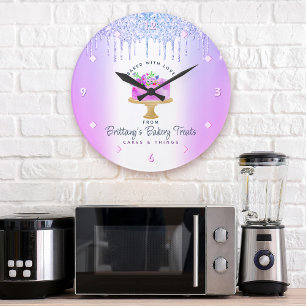 Purple Cake Bakery Glitter Drips Pastry Chef Chic Large Clock