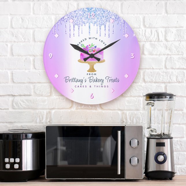 Purple Cake Bakery Glitter Drips Pastry Chef Chic Large Clock (Creator Uploaded)