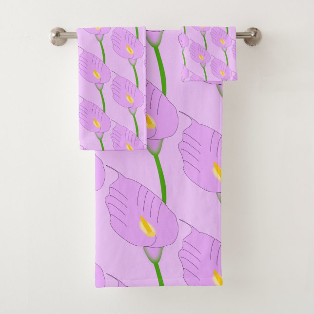 Purple Cala Lily Design Bath Towel Set (Insitu)