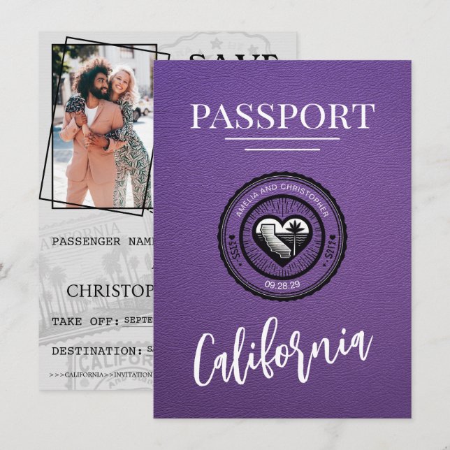 Purple California Passport Save The Date (Front/Back)