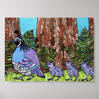 Purple California Quail with Babies Mini Folk Art Poster
