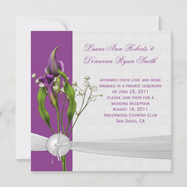 Purple Calla Lilies White Damask Post Wedding Invitation (Front)