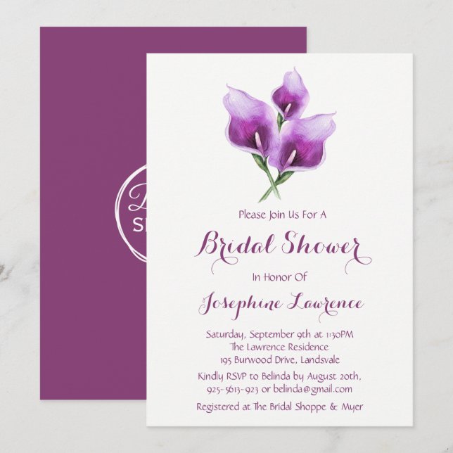 Purple Calla Lily Bridal Shower Invitations (Front/Back)