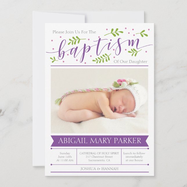 Purple Calligraphy Baptism Photo Invitation Card (Front)