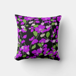 PURPLE CAMELLIAS,WHITE GREEN LEAVES BLACK Floral Throw Pillow