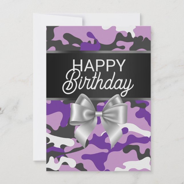 Purple Camo & Bow Happy Birthday Day Card (Front)