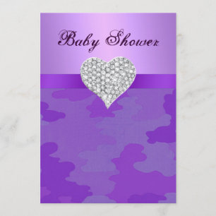 Purple Camo Diamond Heart Baby Shower Invitation