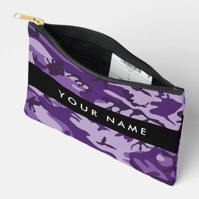 Purple Camouflage Your name Personalize Accessory Pouch (Open)